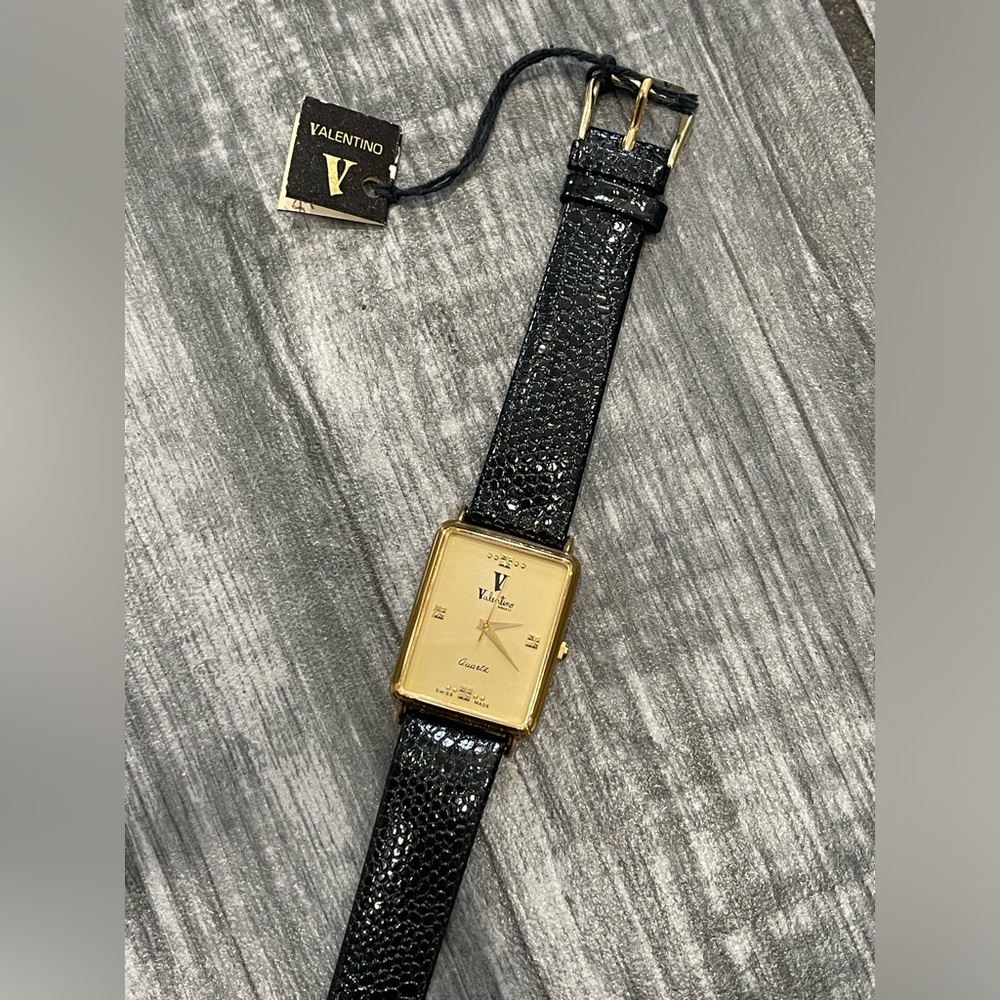 Vintage Valentino Tank Black leather Strap Watch Mens